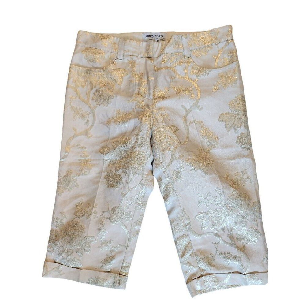 Simonetta Kids White Cropped Pants Girls Size 12 Silver Floral Marilyn